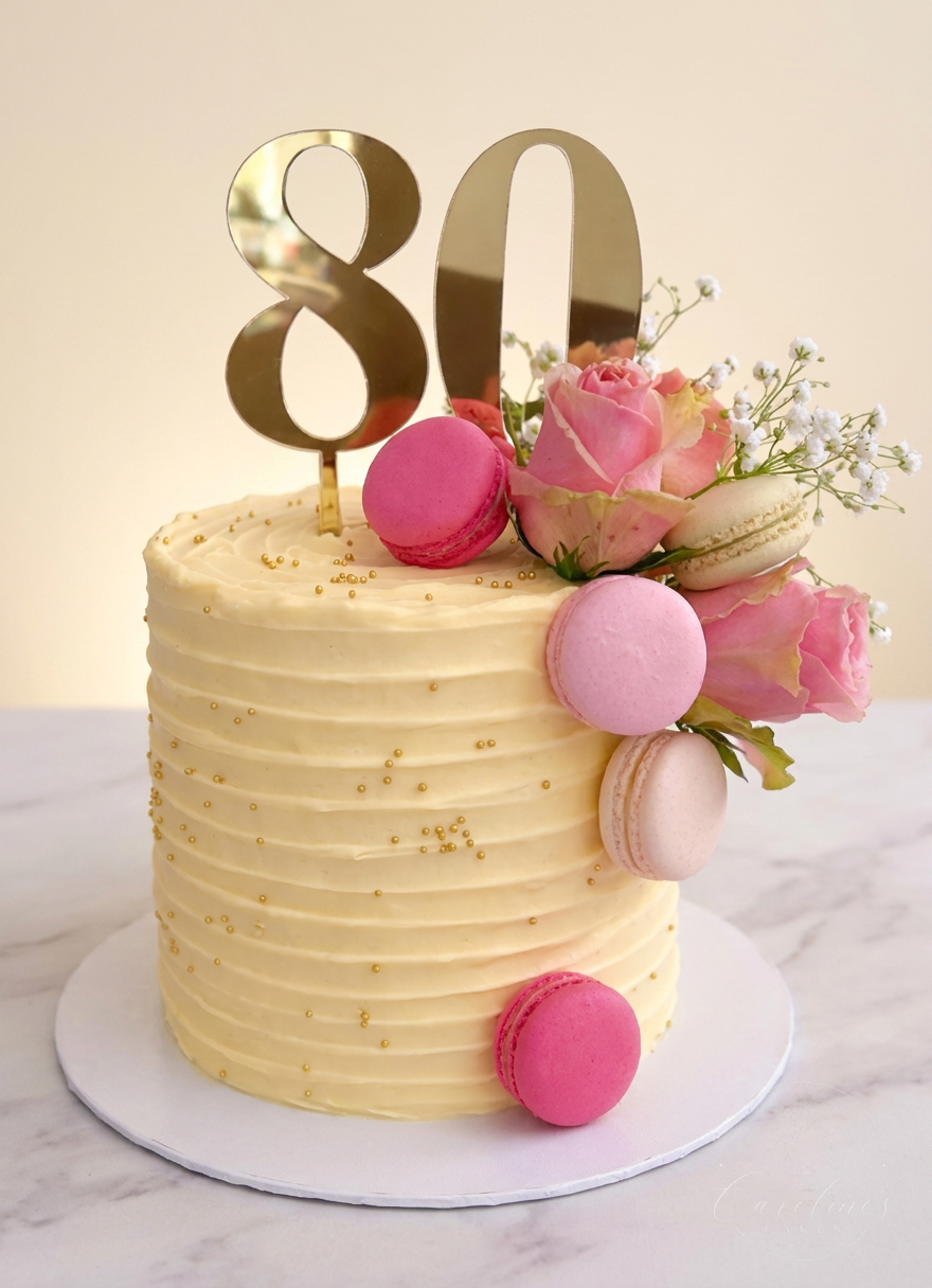 80th birthday cake with gold topper and pink macarons
