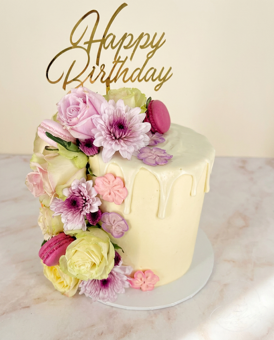 Tall blush pink buttercream cake topped with garden roses
